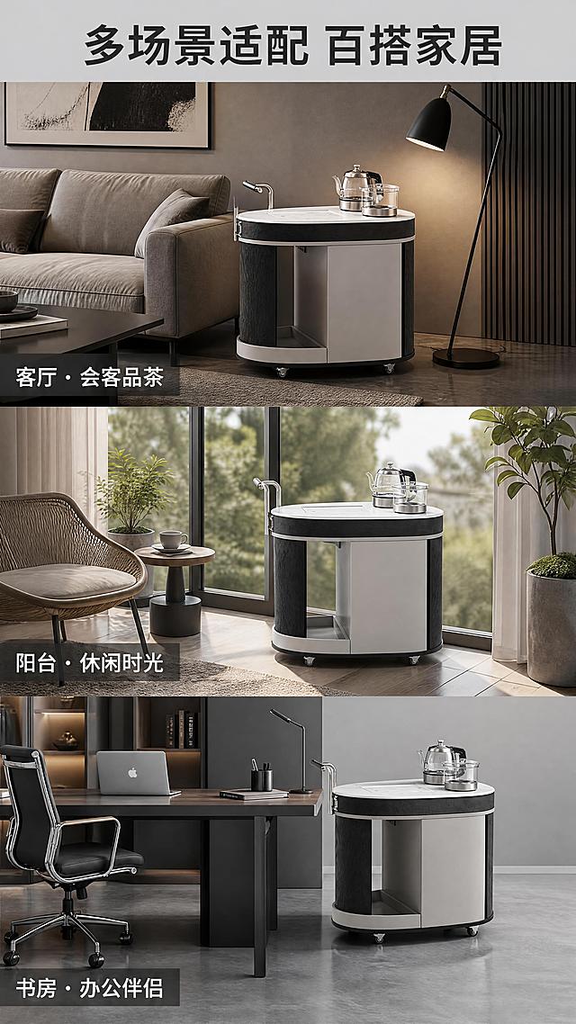 [第7张] 详情页空间适配页-多场景展示。本张使用【图1】作为商品主体。
[氛围/风格] 现代家居生活方式风，三场景拼接，商业摄影质感，统一黑灰调性。
[元素布局] 画面垂直分为三个场景条，从上到下依次为：1.客厅场景：茶车置于沙发旁，作为边几+茶台两用，旁边有落地灯和装饰画；2.阳台场景：茶车置于落地窗旁，阳光洒入，配绿植和休闲椅；3.书房/办公场景：茶车置于办公桌旁，方便办公时泡茶；每个场景中茶车产品结构、颜色、尺寸比例与输入图一致，自然融入空间。
[光影质感] 三个场景分别采用不同光线但风格统一：客厅暖光、阳台自然光、书房冷白光；整体亮度均衡，质感统一。
[配色色系] 全局统一浅灰底 #F5F5F5 分隔；主色黑灰产品；各场景有各自主色调但整体和谐。
[视角构图] 垂直三栏横条布局，每栏为独立场景横构图，阅读动线从上至下。
[文字版式] 顶部通栏主标题「多场景适配 百搭家居」；每个场景条左下角标注场景名：「客厅 · 会客品茶」「阳台 · 休闲时光」「书房 · 办公伴侣」；白色字体配半透明黑底条，不遮挡产品主体。
[比例分辨率] 9:16竖版比例，4K分辨率，文字清晰可辨，高清画质。
[负向提示词] 产品比例失调，场景不自然，颜色偏差，水印，文字过小，场景间风格不统一。