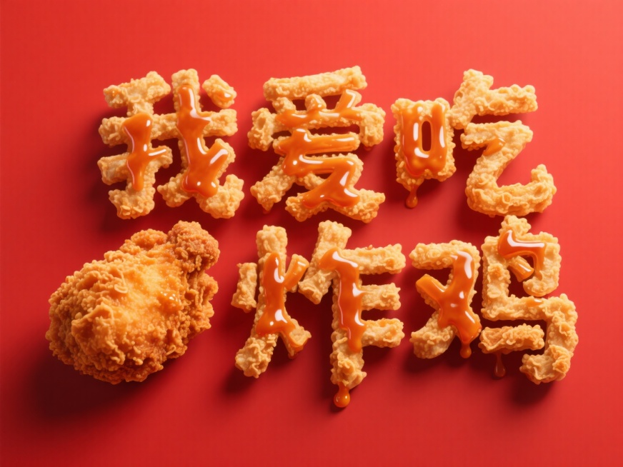 主体为刚出锅的炸鸡面衣质感的立体字“我爱吃炸鸡"，表面酥脆，蘸着一些炸鸡酱，背景为红色预览效果
