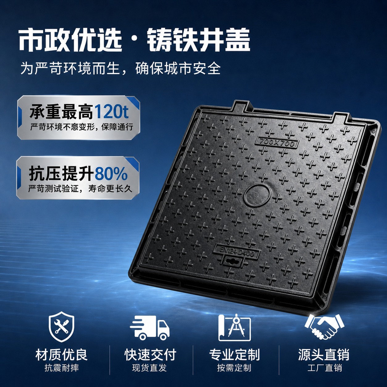 用第二张图的方形球墨铸铁井盖替换第一张图中的圆形井盖，方形井盖… - 图片创意预览