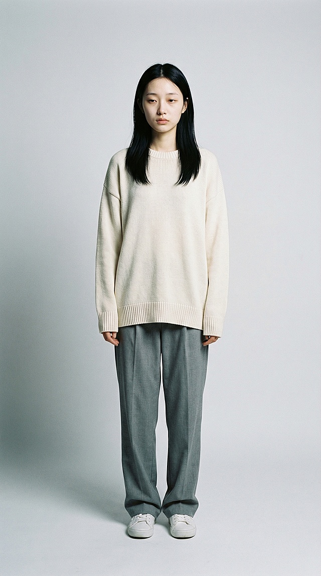 生成四张人物全身角色图，角色是一个二十岁出头的东亚女性，肤色偏白，五官清秀但带疲态，眼角微微下垂，目光疏离，黑色直长发自然垂落，没有刻意打理，几乎不化妆，嘴唇自然，身形纤细轻薄，带一点“不太存在于现实”的脆弱感，穿着米白色宽松毛衣与灰色长裤，白色运动鞋，极简、普通、不引人注意；表情克制、冷静、情绪被压住的忧郁；电影级光影；纯浅灰色背景，人物单独呈现