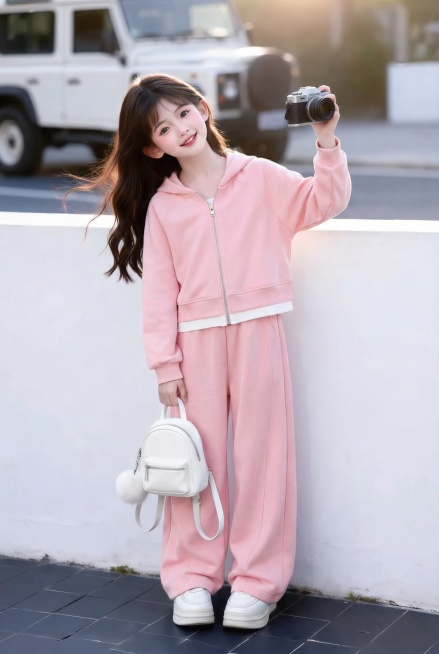 把图1的衣服和裤子给图的2的人物穿上，保留原场景光影，保持图2的人物的五官和发型不变，图片宽高尺寸不变，背景不变，鞋子不变，人物姿势不变，保持图1的衣服和裤子的款式材质不变和颜色不变预览效果