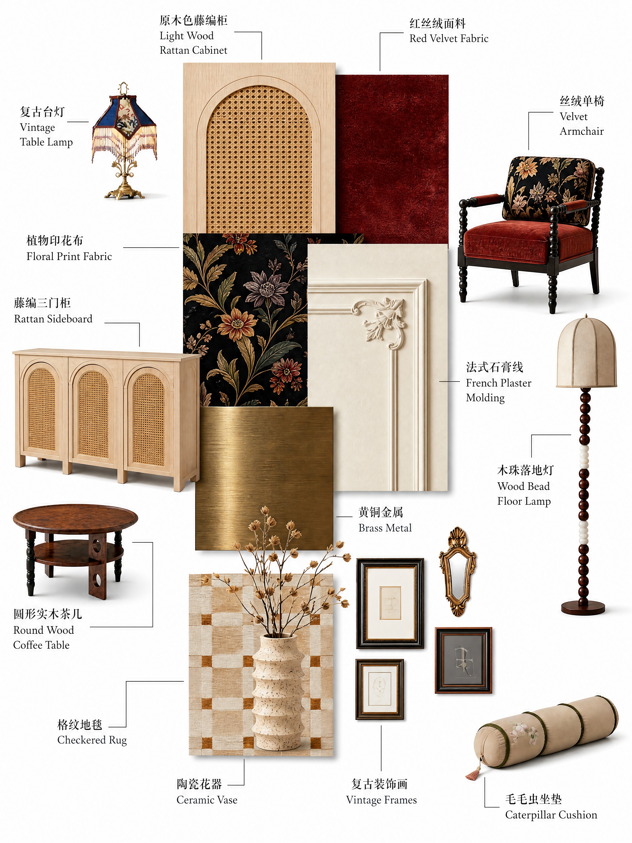专业软装材质搭配图（Mood Board），干净的纯白色背景，… - 图片创意预览
