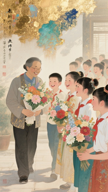 在教师节的温馨氛围中，一幅充满感恩之情的海报画面。一群朝气蓬勃的学生，手捧着娇艳欲滴、色彩斑斓的鲜花，脸上洋溢着纯真而真挚的笑容，正朝着辛勤耕耘的老师走去，准备献上这份饱含敬意与感激的礼物，整个场景充预览效果