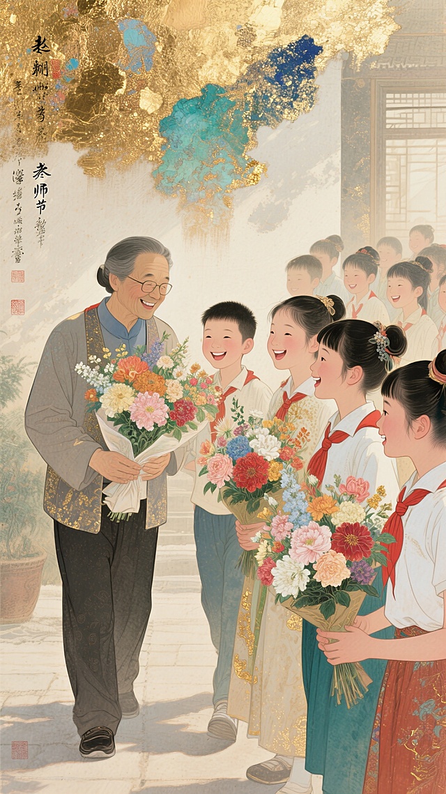在教师节的温馨氛围中，一幅充满感恩之情的海报画面。一群朝气蓬勃的学生，手捧着娇艳欲滴、色彩斑斓的鲜花，脸上洋溢着纯真而真挚的笑容，正朝着辛勤耕耘的老师走去，准备献上这份饱含敬意与感激的礼物，整个场景充满着温暖与感动，光影柔和地洒在人物和鲜花上，构成一幅极具感染力的教师节感恩海报。插画风格