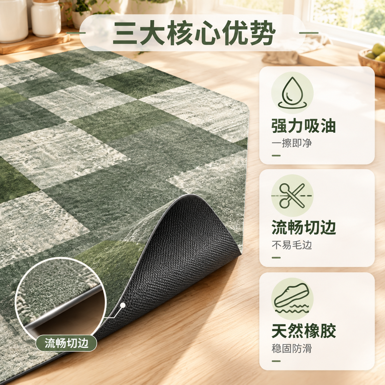 [主图-2] 卖点信息图，重点展示一次性吸油厨房地垫的三大核心… - 图片创意预览