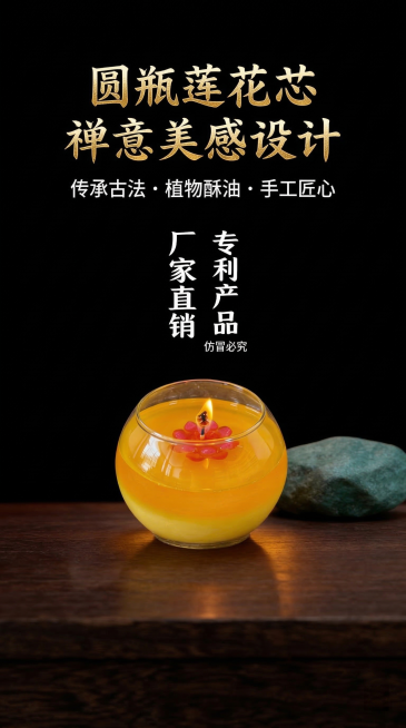 电商详情页第二页，展示产品整体外观特写，产品是圆形玻璃瓶渐变黄色植物酥油灯，中心红色莲花灯芯设计，产品保持原图样式不变，纯黑色背景，古朴国风，背景添加木质台面和光影效果，文字内容：“圆瓶莲花芯 禅意美预览效果