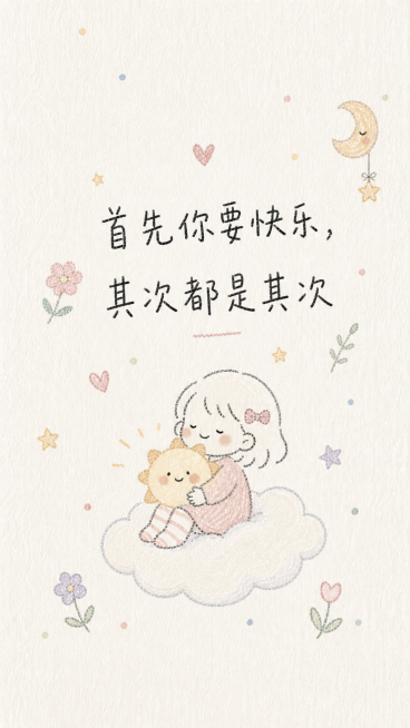 参考原图简约手绘插画风格，更换文字为"首先你要快乐，其次都是其次"，重新设计匹配这句文字主题的治愈图案，保留肌理纸张质感，保持简约治愈的手绘风格预览效果