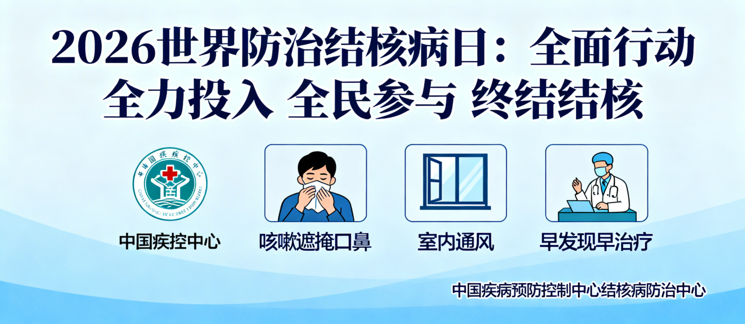 2026世界防治结核病日公益橱窗海报，主题为“全面行动 全力投入 全民参与 终结结核，设计风格正式权威，结合中国疾控中心结核病防治科普宣传，蓝色健康科普风格，包含咳嗽遮掩口鼻、室内通风，早发现早治疗的预览效果