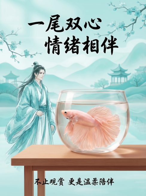 保留原有的所有文字内容、斗鱼和鱼缸，将背景颜色修改为浅松石绿，把左侧的古风女子换成中国古风帅哥，保持整体国风水墨风格不变预览效果