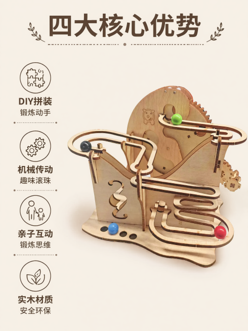 [第2屏] 核心卖点展示屏，展示龙脊过山车木质滚珠轨道玩具核心卖点。本屏使用图1作为商品主体，保持产品原有结构和颜色不变。
[氛围/风格] 清晰卖点展示，简约自然质感，突出产品功能优势。
[元素布局]预览效果