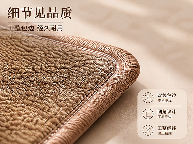 [第7张] 包边工艺细节-地垫边角包缝线工艺微距展示。本张使用【图4】作为包边细节参考。
[氛围/风格] 精工细作品质风，微距展示工艺细节，柔和侧光，商业摄影质感。
[元素布局] 地垫一角的包边缝线占据画面主体约60%，微距视角展示包边的整齐缝线和圆润边角；咖色圈绒面与包边同色系，缝线为浅色明线；包边工艺、缝线密度、边角弧度与输入产品图一致；背景虚化处理。
[光影质感] 45°侧光打亮包边轮廓和缝线，形成明暗层次，突出工艺精细度。
[配色色系] 全局底色 #E8DFD0（浅咖色）；主色咖色包边+浅色缝线；辅助色同色系深浅变化。
[视角构图] 微距45°斜角，边角位于画面中心偏右下，阅读动线从左上标题 → 中部工艺特写 → 右下品质说明。
[文字版式] 版式为左上标题 + 中部包边微距 + 右下工艺说明卡。主标题「细节见品质」，副标题「工整包边 经久耐用」；右下圆角信息卡列出工艺特点：「双线包边 不易脱线」「圆角设计 不易卷边」「工整缝线 做工精细」；文字不遮挡主体。
[比例分辨率] 3:4 竖版比例，4K 分辨率，文字清晰可辨，高清画质。
[负向提示词] 包边变形，缝线错乱，颜色偏差，水印，文字错乱，细节模糊。