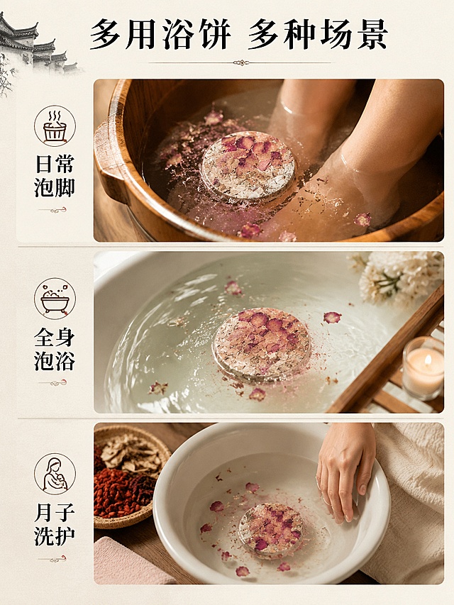 [第5屏] 适用场景-多场景拼图展示多种用途。本屏使用【图2】作为产品主体参考。
[氛围/风格] 新中式休闲风格，徽派雅韵，温馨舒适，生活氛围感强。
[元素布局] 三格竖拼构图，从上到下分别展示泡脚桶足浴、浴缸泡澡、月子护理三个场景；每场景保留浴饼放入水中的自然状态，产品形态颜色与参考图一致；上下场景间用浅黛色分隔，左上角点缀徽派建筑小剪影。
[光影质感] 每个场景采用符合场景的自然光线，足浴桶暖光，浴缸柔和光，整体通透清晰，真实自然。
[配色色系] 全局底色 #F5F0E6，主色：原木色与浅灰，场景中融入木桶棕色、陶瓷白色，色调统一和谐。
[视角构图] 每个场景采用特写视角，突出浴饼使用状态，从上到下阅读动线流畅。
[文字版式] 顶部主标题「多用浴饼 多种场景」，每个场景左侧标注使用场景名称：「日常泡脚」「全身泡浴」「月子洗护」，黑色清晰字体，每个场景配一个简约中式图标，不遮挡主体内容。
[比例分辨率] 3:4 竖版比例，4K分辨率，文字清晰可辨，高清画质。
[负向提示词] 场景混乱，产品变形，文字模糊，过度渲染，低俗画面