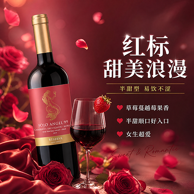 [主图-7] 红标红酒甜美浪漫特写图，突出红标款甜美气质。
[氛围风格] 浪漫甜美感，酒红色调氛围，女性化柔美风格，商业摄影质感。
[画质] 商业摄影质感、光线柔美、红标细节清晰、画面浪漫有温度。
[元素] 画面左侧主体展示红标美人鱼半甜红葡萄酒瓶，瓶身45度角展示，红色标签上的金色美人鱼图案清晰可见，金色瓶盖有金属光泽。酒瓶旁边放一只盛有红酒的高脚杯，杯口有一片新鲜草莓装饰。背景为酒红色到粉色的渐变，有模糊的玫瑰花丛散景，浪漫柔美。画面中有飘落的玫瑰花瓣，增添动感和浪漫氛围。前景有红色丝绸布料和几朵盛开的红玫瑰，增加质感层次。保持红标红酒瓶外观（即物理结构、材质质感、颜色、标签图案）与输入产品图完全一致，杜绝任何变形和色差，精细化处理红色标签的印刷质感和金色美人鱼图案细节。
[光影] 侧上方暖调柔光打亮瓶身，红色标签有柔和光泽，瓶身玻璃有长条高光反射，红酒液体通透有光泽，整体暖调浪漫感，暗部有酒红层次，金色元素温暖闪耀。
[配色] 主色酒红+玫瑰粉渐变；辅色金色、深红（酒液）；强调色暖白高光。
[视角构图] 平视微仰视角，红标酒瓶为绝对视觉中心，高脚杯在侧前方，景深较浅，背景虚化突出主体，浪漫氛围浓厚。
[文字版式] 右侧区域右对齐排版。主标题「红标 甜美浪漫」，白色粗体大字带柔光效果。下方副标题「半甜型 易饮不涩」，金色细体。再下方三行卖点，每行前有红色小爱心：「草莓蔓越莓果香」「半甜顺口好入口」「女生超爱」，白色字体。底部有手写体英文「Sweet & Romantic」，酒红色细体装饰。
[输出要求] 1:1比例，文字清晰锐利可辨，超高清商业摄影质感。
[负向提示词] 变形，文字错乱，产品图模糊，背景杂乱，水印，电商平台Logo，多余的手，畸形手。