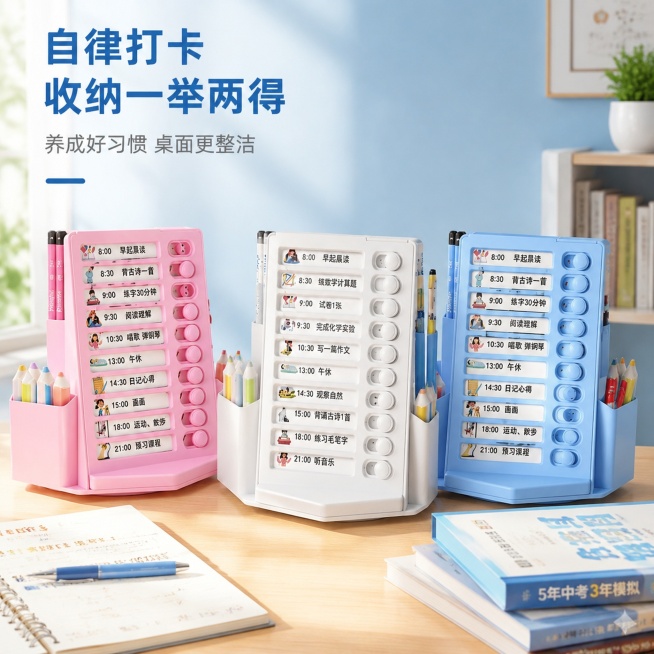 「图片1」「图片1」「图片1」，生成一套主图（5张），商品名称是收纳笔筒，卖点是多功能自律打卡器，分隔笔筒，分类收纳，一物多用，适配淘宝/天猫平台，主图比例为1:1不要改变笔筒原本形态，按照我给的图片预览效果