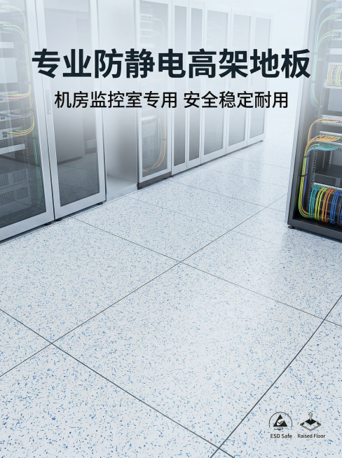 防静电地板详情页首屏banner，蓝点水磨石纹防静电地板，现代简约专业工业风。主标题“专业防静电高架地板”放在上方居中位置，副标题“机房监控室专用 安全稳定耐用”放在主标题下方，整体为3:4比例，背景预览效果