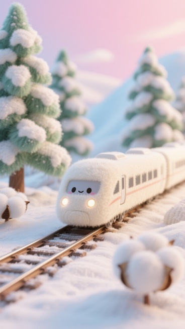 微缩模型场景，微距视角，一辆米白色的毛绒高铁列车行驶在铁轨上，背景是人工编制景观，柔软的棉花做成的雪覆盖在松树上，天空呈现淡粉色与淡蓝色渐变，整体色调以米白色为主，毛线与纱线材质逼真，羊毛毛毡细腻柔软预览效果