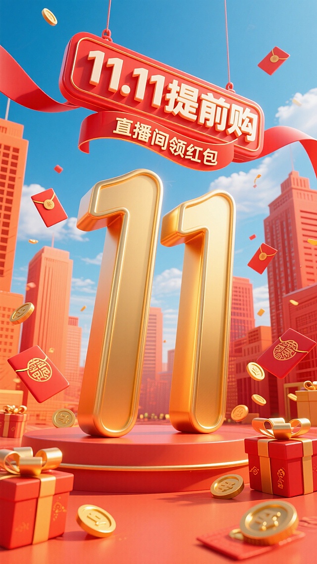 红橙色调，画面以超大型金色 “11” 装置为主视觉，上方悬挂 “11.11 提前购” 立体标题牌，搭配红色飘带标注“直播间领红包”。周围散落红包、礼物盒、金币，背景是红橙色调的都市建筑与蓝天白云。