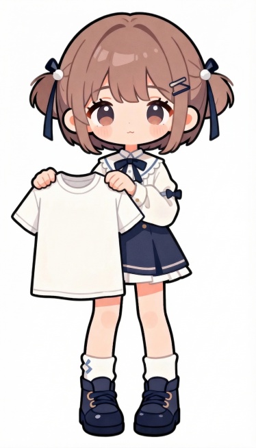 修改图片，让这个Q版动漫人物双手举着一件纯白色T恤展示，保持原有的人物形象和插画风格不变预览效果