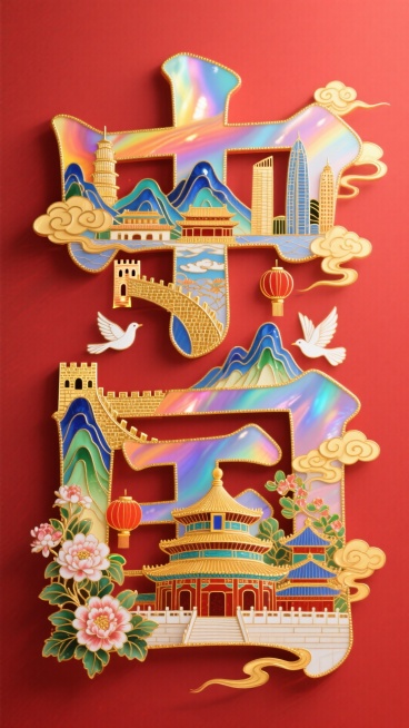 字体设计，“中国”字笔画进行解构用元素拼接而成，文字笔画填充建筑（长城、山脉、故宫、天坛、城楼、高楼大厦等）、鲜花、灯笼，白鸽点缀，光影交织，边缘环绕着金色的祥云，红色背景预览效果