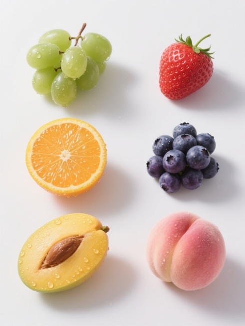 白色背景上，以超写实风格整齐排列六个不同水果的系列素材集合。每个水果都呈现出极高的细节质感：水润饱满的表皮，晶莹剔透的果肉，表面覆盖着细密且反光的水珠，高光与阴影过渡自然，展现出真实的光泽和立体感。水果种类包括（但不限于）：翠绿的青提（带半颗剖面展示果肉纹理）、鲜红的草莓（带绿色果蒂）、橙黄的橙子（带一瓣果肉）、金黄的芒果（带果核剖面）、紫黑的蓝莓（成簇状）、粉红的水蜜桃（带绒毛质感）。所有水……预览效果