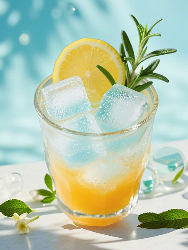 背景为克莱因蓝渐变，漂浮薄荷叶与气泡，高光反射强烈，夏日清爽感