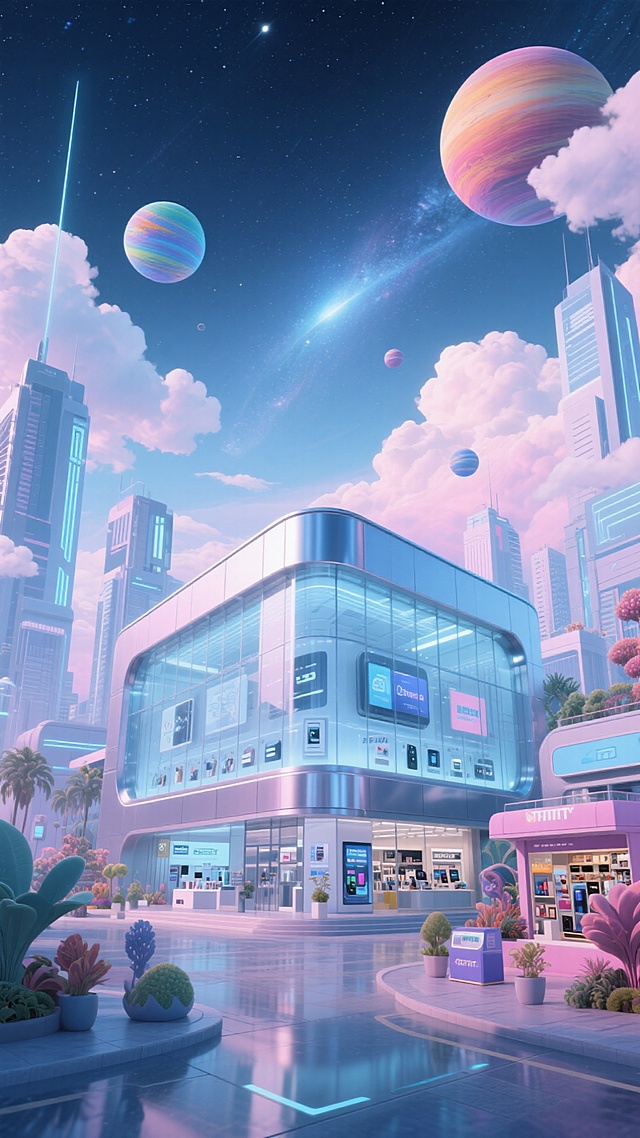 画面中心是巨型电子产品展示馆，周围有未来感城市建筑、彩色星球、云、商品店铺、奇特植物，背景是星空，低饱和蓝粉色调