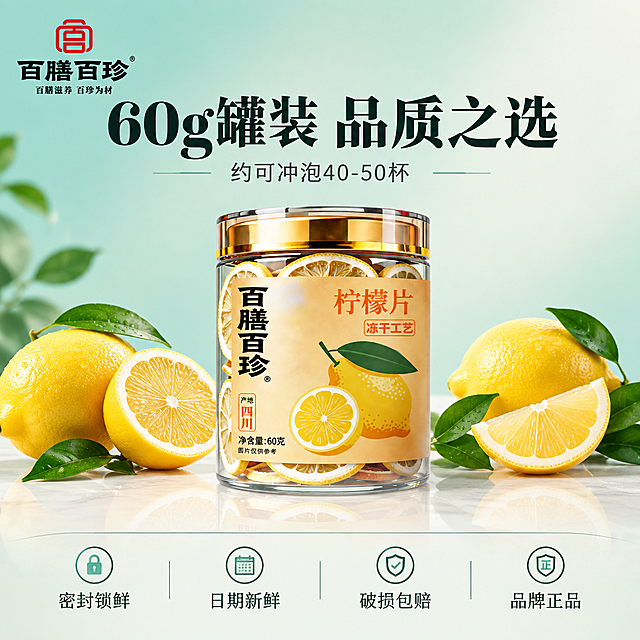 [主图-5] 规格与品牌承诺图，核心任务是清晰传递产品规格和品牌服务承诺，促进转化。
[统一基调] 天猫高端品质风；品牌色=蒂芙尼蓝(浅青绿色)+中国红点缀；背景主色=浅青绿色渐变到米白；标题字色=深墨绿/黑色；辅助字色=中灰；字体=品牌黑体粗体标题+简洁宋体正文；强调色=中国红(仅用于品牌Logo和小面积点缀)；整体精致克制、高级留白、东方雅致感。
[画面] 产品罐居中展示，占画面约40%，放置在浅色精致台面上，底部有柔和倒影。罐子两侧对称摆放新鲜柠檬和柠檬片作为点缀。背景是浅青绿色到米白的柔和渐变，干净高级。左上角固定品牌Logo。画面底部有一条精致的品牌承诺条，用细线分隔，图标+文字排列。
[光影质感] 高端棚拍质感，均匀柔和布光，产品立体感强，金属盖和玻璃有精致高光，整体干净通透。
[配色] 主色蒂芙尼蓝+米白，品牌红点缀Logo和重点标签，文字深墨绿/黑，背景干净渐变。
[文字版式] 左上品牌Logo固定。产品上方主标题"60g罐装 品质之选"粗黑体，下方小字"约可冲泡40-50杯"。底部品牌承诺区，4个精致图标+文字横向排列："密封锁鲜""日期新鲜""破损包赔""品牌正品"。每个图标用细线风格，文字简洁。整体排版对称、精致、高级。
[输出要求] 比例1:1，文字清晰可读，产品清晰完整，品牌Logo清晰，负向：变形、错字、模糊、杂乱、水印、平台Logo、悬浮、穿模、廉价感、过度装饰。