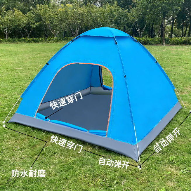 [主图 2] 户外露营帐篷核心亮点展示
[氛围风格] 清晰专业产品展示风格
[画面元素] 商业摄影质感、光线柔和通透、产品清晰真实、画面干净高级。蓝色帐篷放置在草坪上，以产品为中心，用细引线连接核心卖预览效果