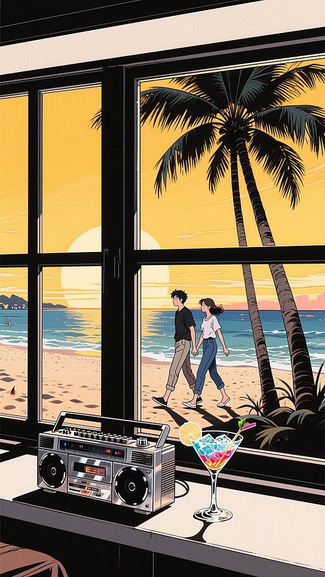 音响、一杯鸡尾酒摆在窗台边，窗外是沙滩、海景、落日、椰子树，沙滩上有恋人签收散步。