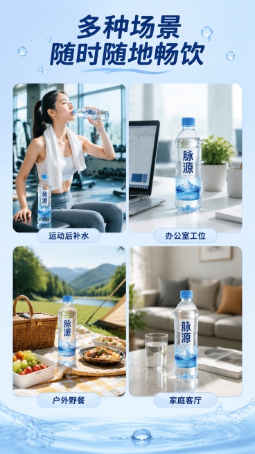 [第6屏] 多场景种草-展示脉源活矿泉水多种日常饮用场景，2×2拼图布局。
[氛围/风格] 生活化碎片化场景，自然真实，清新日常质感。
[元素布局] 四宫格拼图，每个场景占四分之一屏：第一格健身房运动预览效果