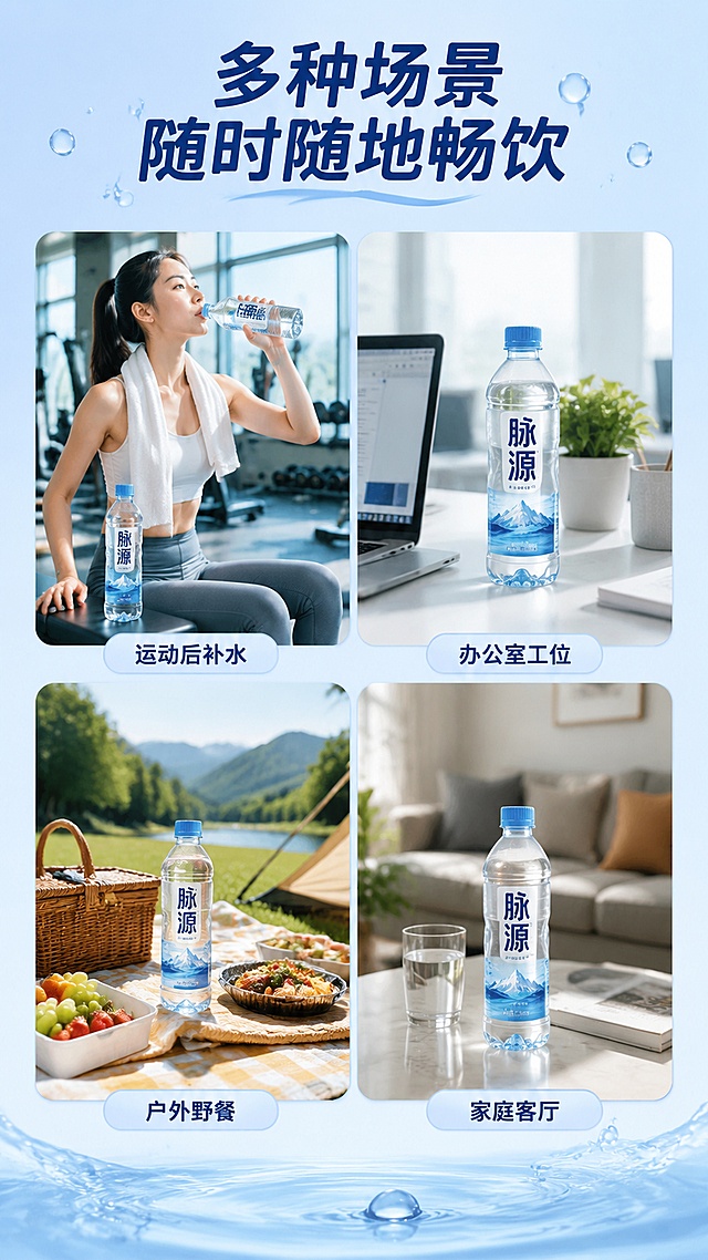 [第6屏] 多场景种草-展示脉源活矿泉水多种日常饮用场景，2×2拼图布局。
[氛围/风格] 生活化碎片化场景，自然真实，清新日常质感。
[元素布局] 四宫格拼图，每个场景占四分之一屏：第一格健身房运动后补水，第二格办公室工位桌面摆放，第三格户外野餐搭配餐食，第四格家庭客厅茶几摆放；每格都清晰展示完整瓶身，保持产品外观与原图一致。
[光影质感] 每个场景使用对应自然光，整体明亮自然，场景之间留白透气。
[配色色系] 整体统一浅蓝调背景，每个场景保留自然环境色，文字统一深蓝色。
[视角构图] 每个场景为平视日常视角，四个场景均匀分布，整体均衡清晰。
[文字版式] 顶部主标题「多种场景 随时随地畅饮」，四个场景下方配小字标注场景名称，圆角字体，文字清晰不遮挡产品。
[比例分辨率] 9:16竖版比例，4K分辨率，文字清晰可辨，高清画质。
[负向提示词] 产品变形，包装文字错乱，场景重叠，文字过小，颜色混杂