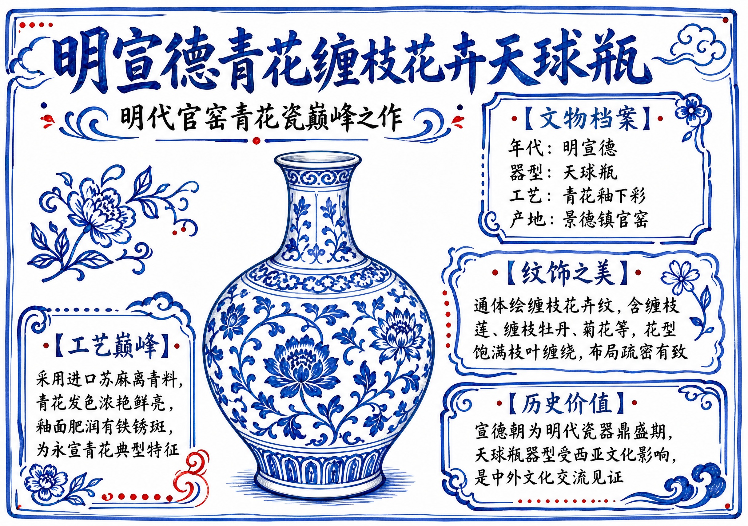 一张A4横版历史文物手抄报，主题为「明宣德青花缠枝花卉天球瓶」… - 图片创意预览