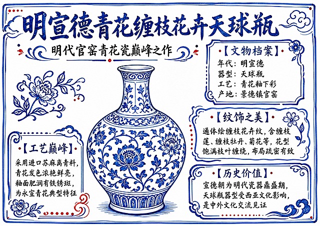 一张A4横版历史文物手抄报，主题为「明宣德青花缠枝花卉天球瓶」，白底马克笔手绘风格。画面中央偏左位置手绘一只天球瓶，瓶身用蓝色马克笔绘制缠枝花卉纹样，线条流畅有手绘质感。画面分为四个知识板块，用手绘边框和装饰线条分隔：

1. 顶部大标题："明宣德青花缠枝花卉天球瓶"，下方副标题"明代官窑青花瓷巅峰之作"
2. 右上板块【文物档案】：内含文字"年代：明宣德""器型：天球瓶""工艺：青花釉下彩""产地：景德镇官窑"
3. 右中板块【纹饰之美】：内含文字"通体绘缠枝花卉纹，含缠枝莲、缠枝牡丹、菊花等，花型饱满枝叶缠绕，布局疏密有致"
4. 左下板块【工艺巅峰】：内含文字"采用进口苏麻离青料，青花发色浓艳鲜亮，釉面肥润有铁锈斑，为永宣青花典型特征"
5. 右下板块【历史价值】：内含文字"宣德朝为明代瓷器鼎盛期，天球瓶器型受西亚文化影响，是中外文化交流见证"

整体为纯白色底，全部用马克笔手绘线条表现，蓝色为主色调搭配黑色文字和少量红色装饰点缀，手绘感强，线条清晰明快，排版精美，四周留安全边距。画面中严禁出现任何二维码。画面中所有信息区域必须填充完整合理的内容，不得出现空白框或待填写区域。