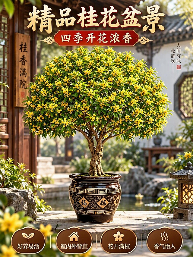 淘宝天猫电商主图，3:4竖版比例，画面主体是一盆盛开的金黄色桂花盆景盆栽，保留原图中桂花树冠饱满金黄、叶片翠绿、古朴福字陶瓷花盆的形态特征，背景为新中式雅致庭院场景，柔和自然光，画面上方有醒目商品名称大字"精品桂花盆景 四季开花浓香"，下方有卖点文字"好养易活 室内外皆宜 花开满枝 香气怡人"，整体风格高端大气，突出商品质感，商业摄影级画质，高清细节