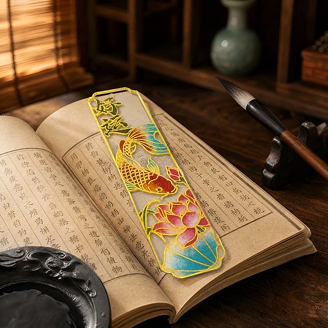 超写实手工艺品场景摄影。
主体：掐丝珐琅书签严格参照上传产品图，完整保留所有可见组件、轮廓、结构、比例、材质、颜色与产品本体上的"好运"文字及锦鲤荷花图案，与上传图完全一致；自然融入场景光影，与场景共处同一物理空间。掐丝金线纹理与彩砂颗粒质感清晰可见，手作痕迹占画面≥15%，浅景深突出书签主体。产品占画面75%，近景完整不裁切，背景无其他同类产品。
构图：45°微俯拍，书签斜放于书页之上，左偏右留白构图，视觉三角由书签、毛笔与砚台构成对角呼应。
风格：新中式国风。
场景概念：胡桃木书桌上，掐丝珐琅锦鲤书签斜放在翻开的古书上，书房静谧雅致的阅读氛围。
承载与背景：①承载面，深胡桃木实木桌面，木纹深沉有质感；②背景，后方模糊的博古架与青瓷花瓶，远处竹帘半卷。
陪衬物：①书签下方，一本摊开的泛黄线装古书，书页有自然纹理；②左下角，一方小型端砚盛着淡墨；③右上角，一支狼毫毛笔横放。单件陪衬物≤画面10%，不遮挡书签核心图案。
配色/材质：胡桃棕 / 米黄 / 锦鲤红 / 荷花粉 / 墨黑；实木 / 宣纸 / 端砚 / 狼毫 / 掐丝珐琅彩砂。
光影：主光从右前侧斜入40°，柔光漫射，掐丝金线有温润高光，彩砂颗粒呈现自然肌理层次；辅光为左侧竹帘滤过的暖黄光，整体雅致柔和。
参数：4K 写实光追。严格锁定宽高比为 1:1。