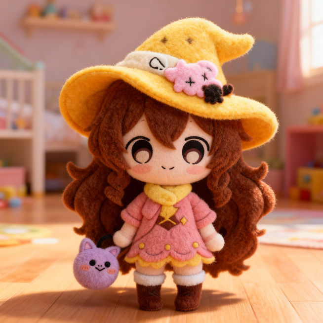 将图中的小女巫做成立体柔软的儿童毛绒玩具，背景为温馨的儿童房地板预览效果