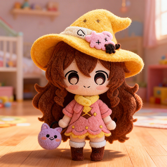 将图中的小女巫做成立体柔软的儿童毛绒玩具，背景为温馨的儿童房地板
