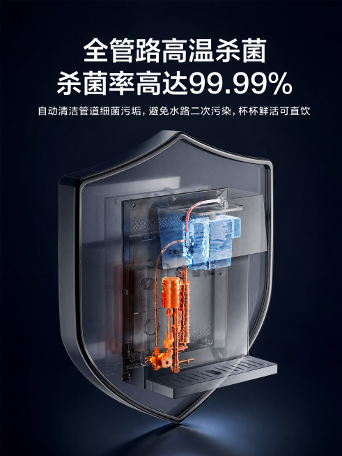 [主图] 云米管线机全管路高温杀菌卖点副图，原文案内容全部保留不变。
[调整要求] 根据750*1000像素尺寸重新优化排版，适配竖屏比例，让盾牌形剖面结构展示更完整，构图更协调。
[氛围风格] 科技预览效果