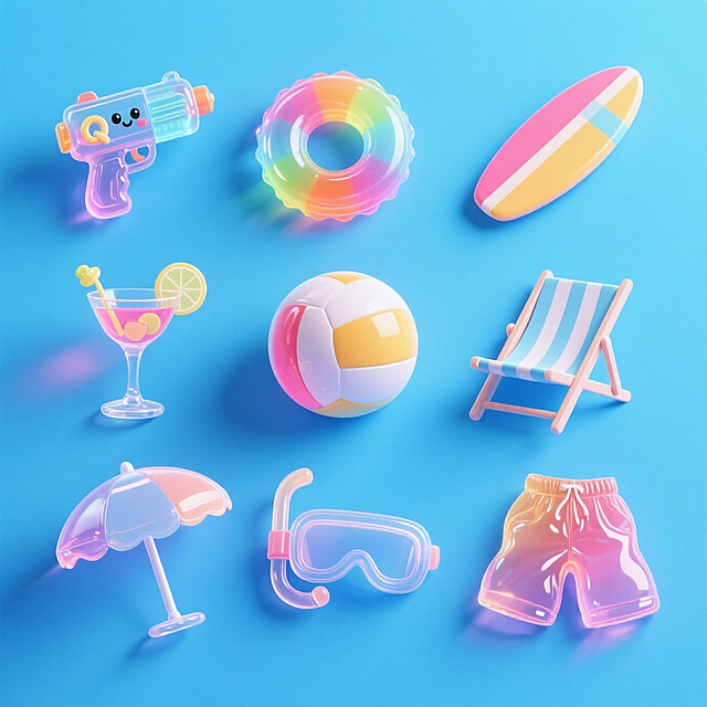 软3D风卡通设计，可爱感十足的夏日海滩元素，色彩鲜艳，塑料质感突出。