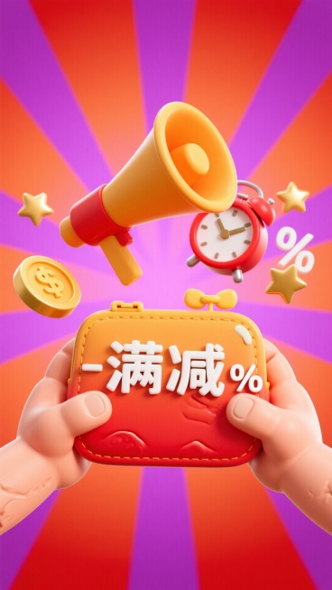主体是从左右俩侧伸出两只肉色的手托起红橙色渐变的粘土钱包。钱包上面有白色立体“满减”字样。钱包周围向心状环绕着很多元素：一个橘黄色的喇叭；很多红色底白色“-60%”字样的价标，很多金币，一个红白配色的预览效果