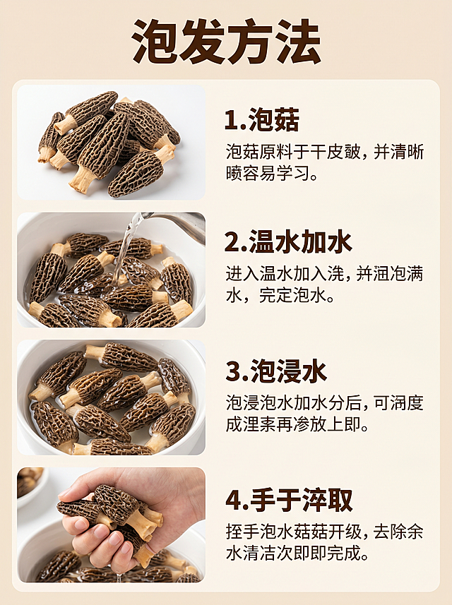 [羊肚菌详情图三-泡发教程] 拼多多详情图，整体比例3:4，展示泡发步骤。氛围风格：清晰直观，简单易学。画质：商业摄影，清晰自然。元素：分四个步骤展示泡发过程，每个步骤搭配小图和文字说明，第一步放干羊肚菌，第二步加温水，第三步浸泡等待，第四步骤挤水完成，干羊肚菌保持和原图一致，背景浅米色，排版整齐。光影：均匀明亮，每个步骤清晰可见。配色：干净浅米，深棕文字，自然配色。构图：竖向四步骤排列，3:4竖版，层级清晰。文字版式：顶部大标题：「泡发方法」，每个步骤小标题加粗，说明文字简洁，清晰易读。分辨率2k，文字清晰。负向提示词：变形，文字错乱，排版混乱。