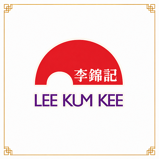 将这张李锦记logo的边框改成简洁大方的风格，保留方形四边金色细边框，四个角有简约小装饰，不要太复杂花哨，整体风格简洁现代，logo居中，背景纯白色，画面尺寸384x384正方形，保持logo原样不变