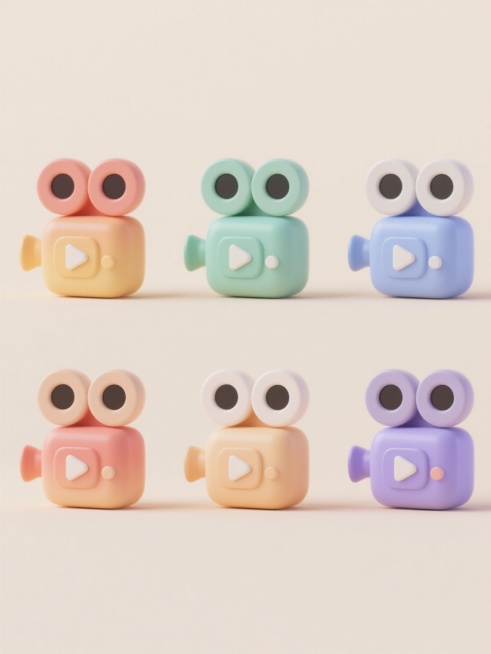 3D立体风格放映机图标，六个不同配色、不同样式、不同材质的放映机造型，采用柔和的渐变色彩，光滑圆润的边角处理，简约现代的设计语言，明亮的浅色背景，上下两行各三个整齐对齐排列，每个放映机保留核心的放映镜头、播放按钮等元素，整体画面干净整洁，具有清晰的视觉层级和信息传达效率，符合现代图标设计的审美和展示目的。预览效果