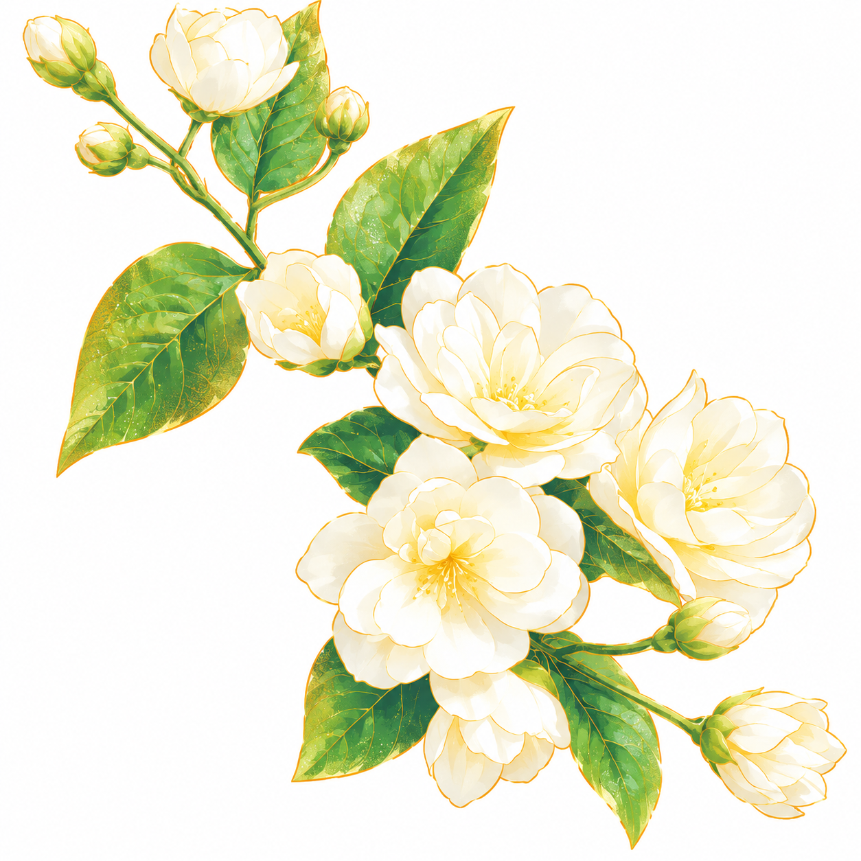 参考图2的国潮插画风格，将图1中的白色茉莉花枝重绘为同款国风插… - 图片创意预览