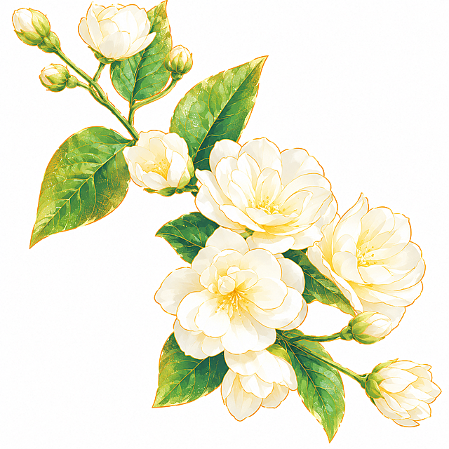 参考图2的国潮插画风格，将图1中的白色茉莉花枝重绘为同款国风插画风格。保留图1茉莉花枝的形态结构、白色花瓣淡黄色花心、花苞和绿色叶片花茎的造型与构图，采用图2的手绘线条描边、细腻渐变晕染、颗粒质感纹理、金边勾勒和绿色叶片的国潮插画表现手法，纯白背景，精致细腻的国风花卉插画