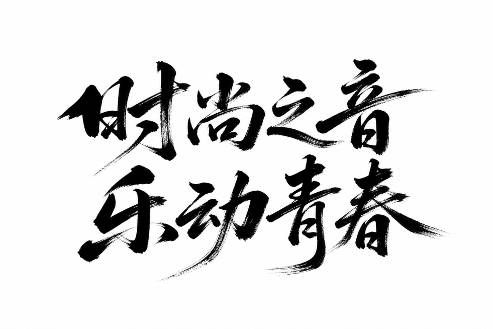 按照参考图片的书法毛笔字体风格设计文字："时尚之音 乐动青春"，黑色笔触字体，白色背景，毛笔书法风格，苍劲有力预览效果