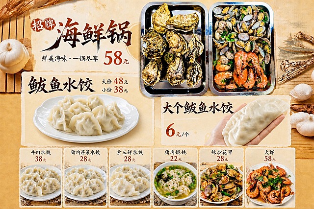 基于第一张菜单海报修改：1. 左侧"鲅鱼水饺"板块的图片替换为第二张图中白盘里完整的鲅鱼水饺（盘中完整水饺部分，不要夹起露馅的那个），自然融入板块；2. 右侧"大个鲅鱼水饺"板块的图片替换为第三张图中手托的大鲅鱼水饺，自然融入板块；3. 所有文字、价格、排版布局、背景风格、其他菜品图片均保持不变，整体风格统一协调，美食摄影质感