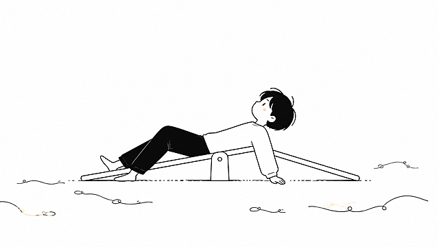 整体采用日系简约黑白漫画风格，矢量扁平化线条，线条干净利落、流畅顺滑，卡通漫画插画质感；以纯黑白为主色调，只做极少量低饱和淡彩局部点缀，不大面积上色；画面干净质朴、留白舒适，漫画简约构图，松弛不呆板；矢量无粗糙手绘毛边、无厚重阴影、无复杂纹理，造型圆润柔和，文艺书香氛围感；无真人实景、无写实摄影、无3D立体，只用漫画符号、简约书本、文艺静物、氛围感极简元素。禁止全彩上色、禁止高饱和浓艳色彩、禁止粗糙草稿手绘、禁止厚涂二次元、禁止复杂装饰花纹、禁止构图拥挤死板、禁止真人出镜、禁止实景照片、禁止低画质模糊、禁止厚重暗黑阴影。镜头17：一个人半躺在一个短跷跷板的正中间，跷跷板两端都触地，既起不来也下不去。周围散落几根细线。人物线条慵懒。比例16:9