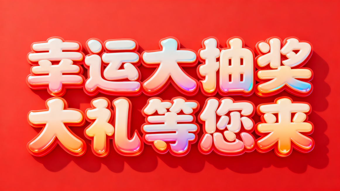 干净的大红色背景。
3D艺术字体设计，8个主体文字"幸运大抽奖 大礼等您来"，所有文字单行横向排列，强烈促销氛围立体艺术字，笔画膨胀饱满带有夸张张力，卡通立体光泽，色彩渐变，明亮饱满喜庆。
仅包含这8预览效果