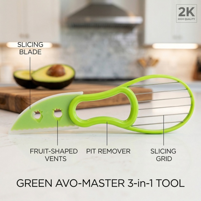 Close-up detail shot of 3-in-1 avocado slicer tool, show the detailed structure of the slicing blade预览效果